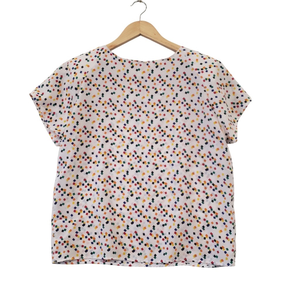 Vintage 80s Blouse Medium White Multicolor Geometric Square Print Retro Electric